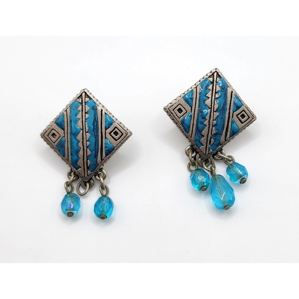 Disney's Enchanted Tiki Room Earrings Blue Silver Tone Geometric Enamel Beads